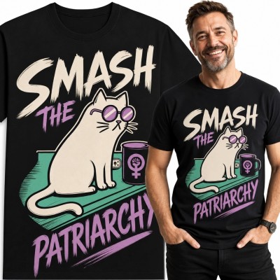 Koszulka męska z kotem w okularach „Smash the Patriarchy”