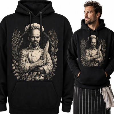 Bluza męska z kapturem - szef kuchni z nożem w wieńcu z ziół dla kucharza
