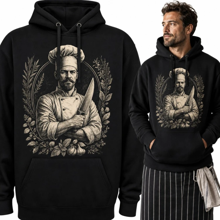 Bluza męska z kapturem - szef kuchni z nożem w wieńcu z ziół dla kucharza