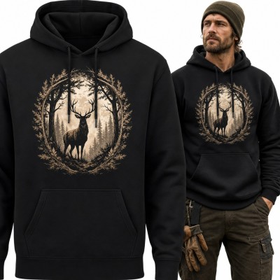 Bluza męska z kapturem - jeleń w leśnej ramie z gałęzi dla myśliwego