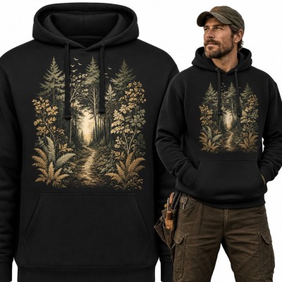 Bluza męska z kapturem - leśna ścieżka wśród paproci i świerków