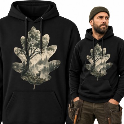 Bluza męska z kapturem - liść dębu z jeleniem w mglistym lesie