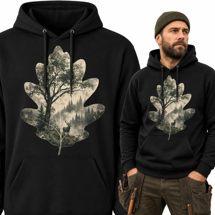 Bluza męska z kapturem - liść dębu z jeleniem w mglistym lesie