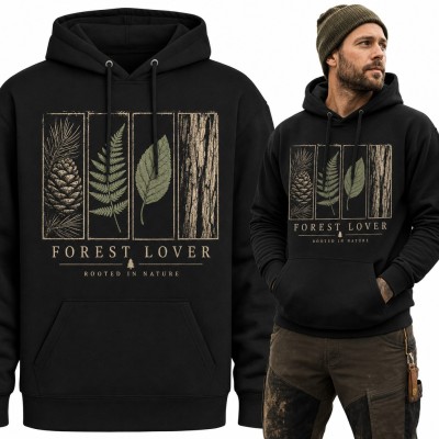 Bluza męska z kapturem - „Forest Lover” z szyszką, paprocią i korą drzewa