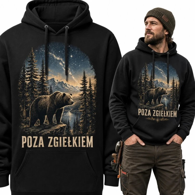 Bluza męska z kapturem - niedźwiedź w nocnym lesie z napisem „Poza zgiełkiem”