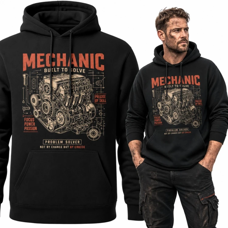 Bluza męska z kapturem - „Mechanic built to solve” z silnikiem jak z rysunku technicznego