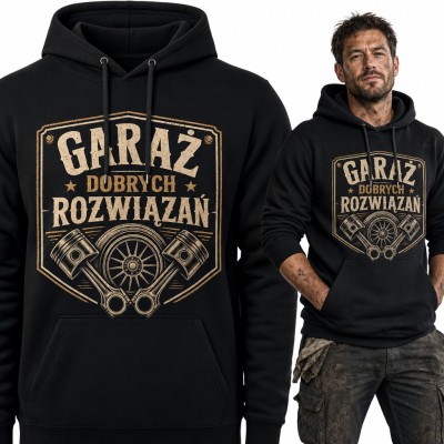 Bluza męska z kapturem „Garaż dobrych rozwiązań” - tłoki i koło dla mechanika