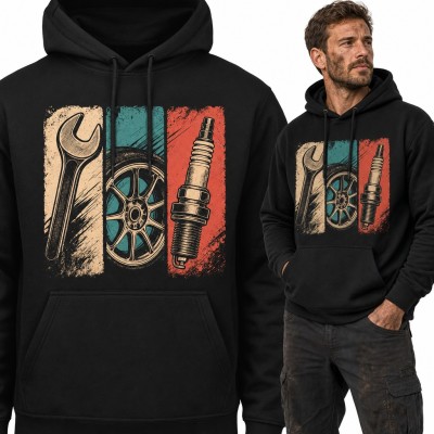 Bluza męska z kapturem - mechanik retro z kluczem, felgą i świecą zapłonową