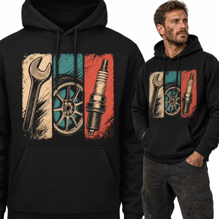Bluza męska z kapturem - mechanik retro z kluczem, felgą i świecą zapłonową