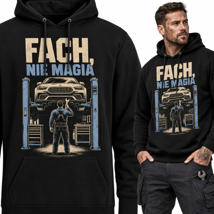 Bluza męska z kapturem - mechanik w warsztacie „Fach, nie magia”