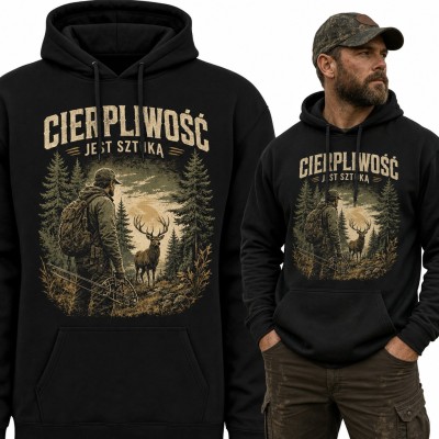 Bluza męska z kapturem - „Cierpliwość jest sztuką” myśliwy z łukiem i jeleń