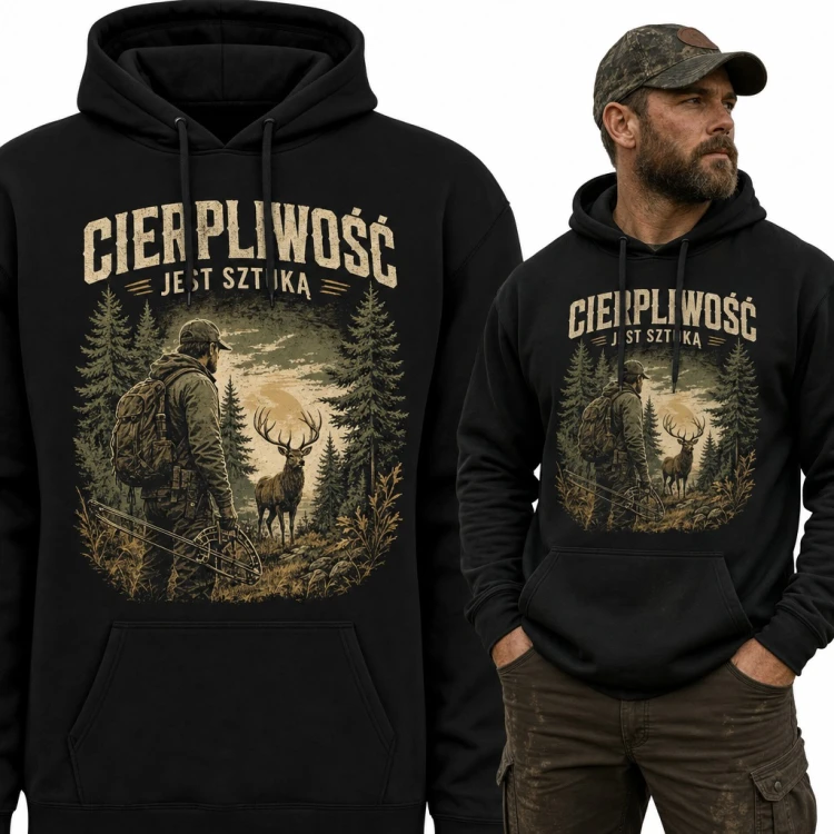 Bluza męska z kapturem - „Cierpliwość jest sztuką” myśliwy z łukiem i jeleń