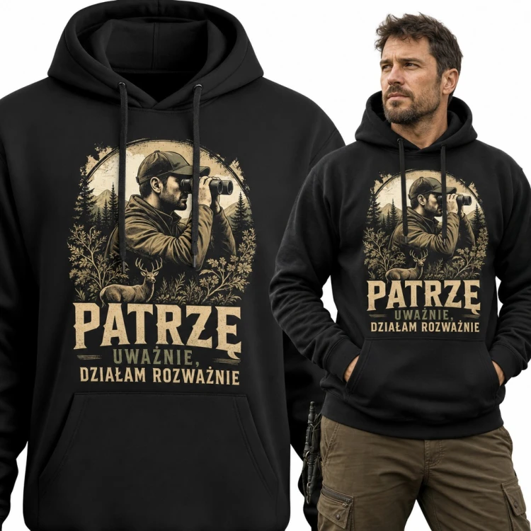 Bluza męska z kapturem - myśliwy z lornetką i jeleń „Patrzę uważnie, działam rozważnie”