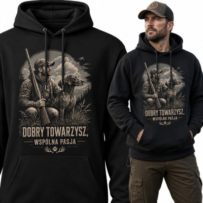 Bluza męska z kapturem - myśliwy z wyżłem i napis „Dobry towarzysz, wspólna pasja”