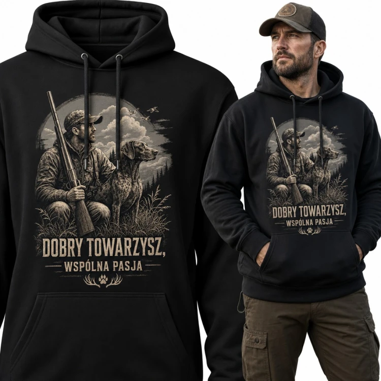 Bluza męska z kapturem - myśliwy z wyżłem i napis „Dobry towarzysz, wspólna pasja”