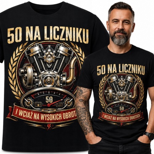 Koszulka męska na 50 urodziny „50 na liczniku” - silnik motocyklowy V-twin