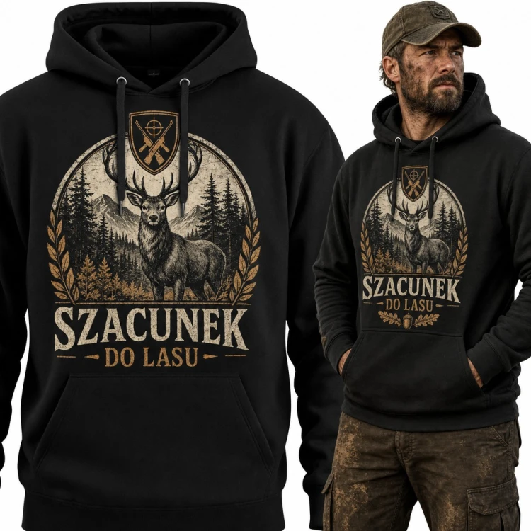 Bluza męska z kapturem - jeleń z herbem myśliwskim „Szacunek do lasu” dla myśliwego