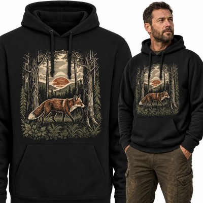 Bluza męska z kapturem - rudy lis w lesie o zachodzie słońca w stylu drzeworytu
