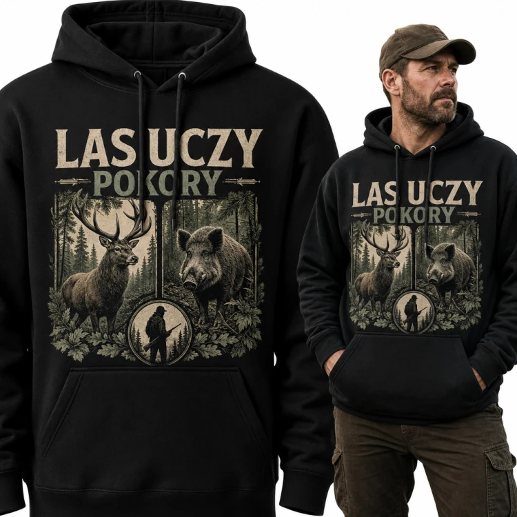 Bluza męska z kapturem „Las uczy pokory” - jeleń, dzik i myśliwy