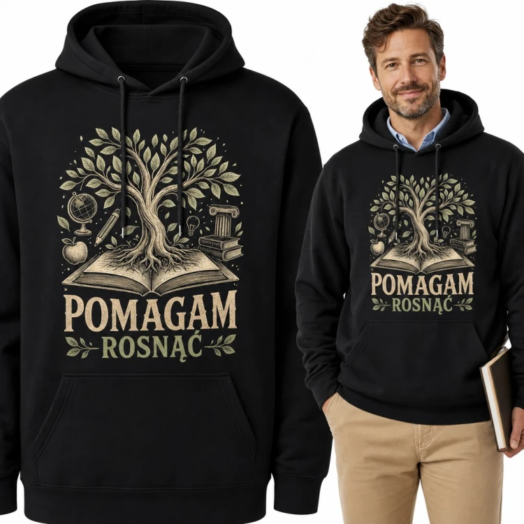 Bluza męska z kapturem - „Pomagam rosnąć” drzewo wiedzy na książce dla nauczyciela