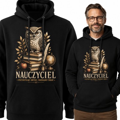 Bluza męska z kapturem - „Nauczyciel” z sową w okularach na książkach
