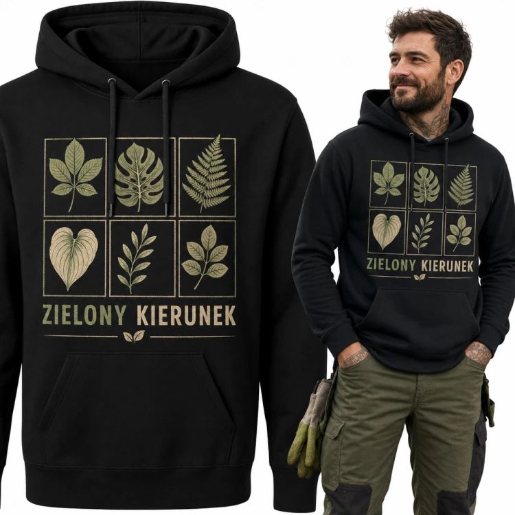 Bluza męska z kapturem - botaniczne liście „Zielony kierunek” dla ogrodnika