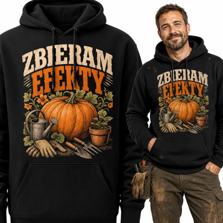 Bluza męska z kapturem „Zbieram efekty” - dynia i narzędzia dla ogrodnika