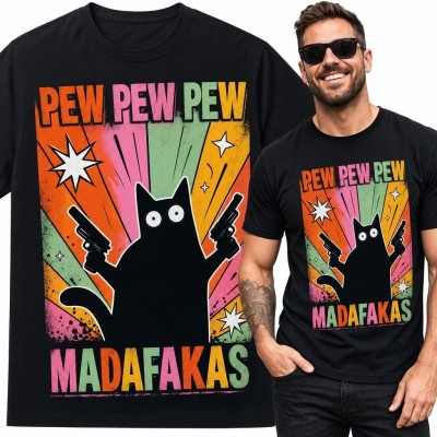 Koszulka męska z czarnym kotem „Pew Pew Pew Madafakas” - komiksowy nadruk retro