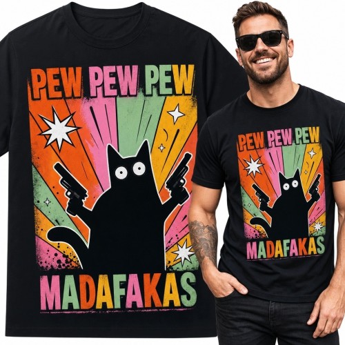 Koszulka męska z czarnym kotem „Pew Pew Pew Madafakas” - komiksowy nadruk retro