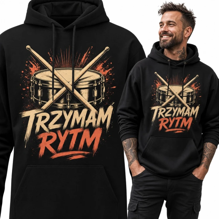 Bluza męska z kapturem - werbel i pałki dla perkusisty „Trzymam rytm”