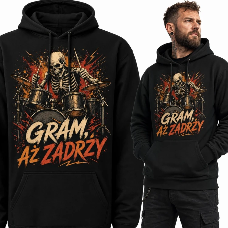 Bluza męska z kapturem - szkielet perkusista „Gram, aż zadrży”