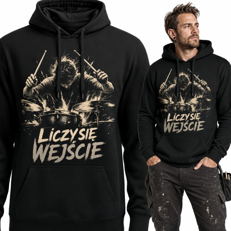 Bluza męska z kapturem - perkusista w akcji „Liczy się wejście” dla bębniarza