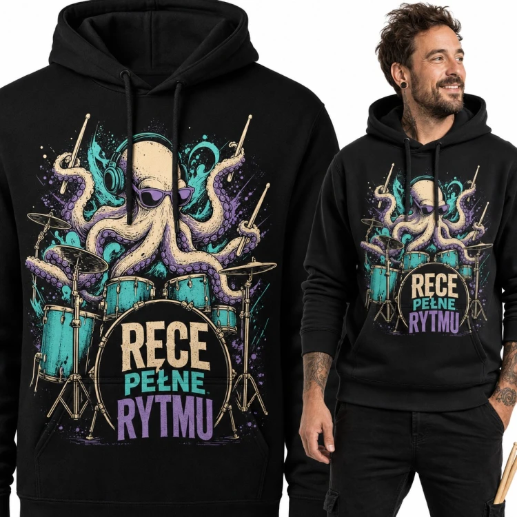 Bluza męska z kapturem - ośmiornica na perkusji „Ręce pełne rytmu” dla perkusisty