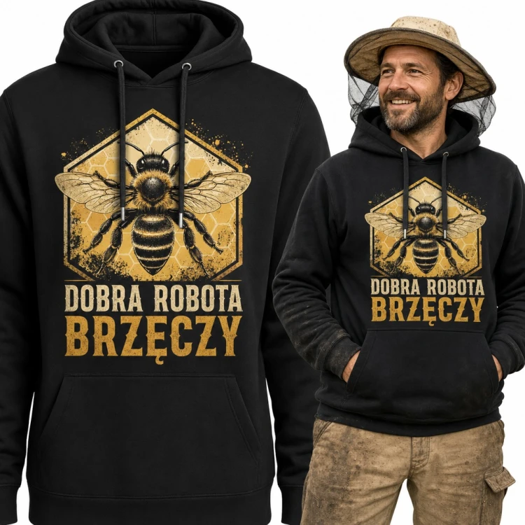 Bluza męska z kapturem - pszczoła na plastrze miodu „Dobra robota brzęczy” dla pszczelarza