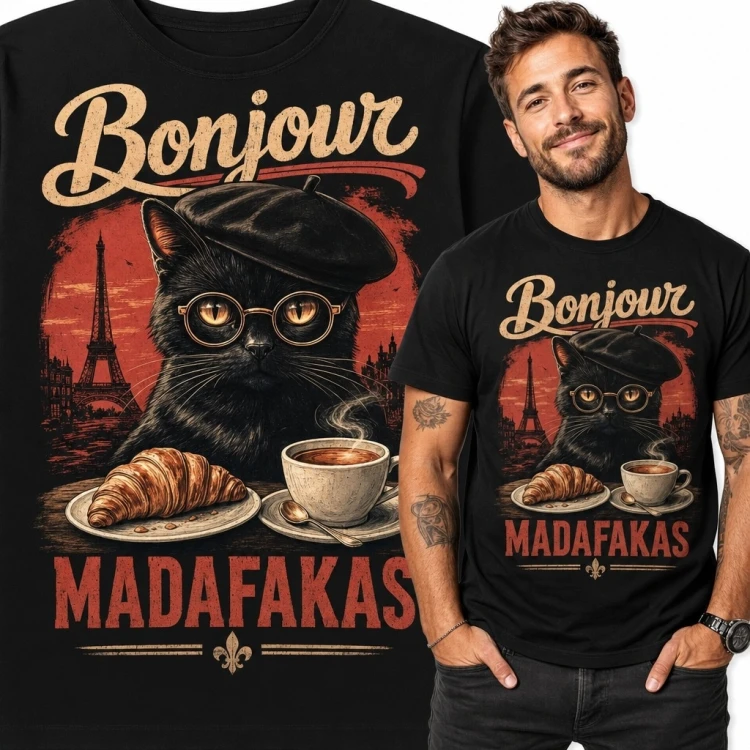 Koszulka męska z paryskim kotem „Bonjour” i „Madafakas” - retro humor