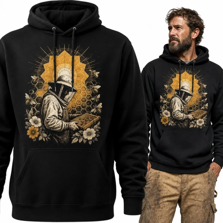 Bluza męska z kapturem - pszczelarz z ramką miodu wśród pszczół i kwiatów