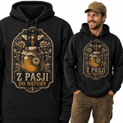 Bluza męska z kapturem - pszczoła i słoik miodu „Z pasji do natury” dla pszczelarza