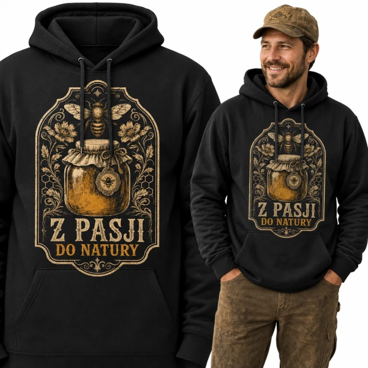 Bluza męska z kapturem - pszczoła i słoik miodu „Z pasji do natury” dla pszczelarza