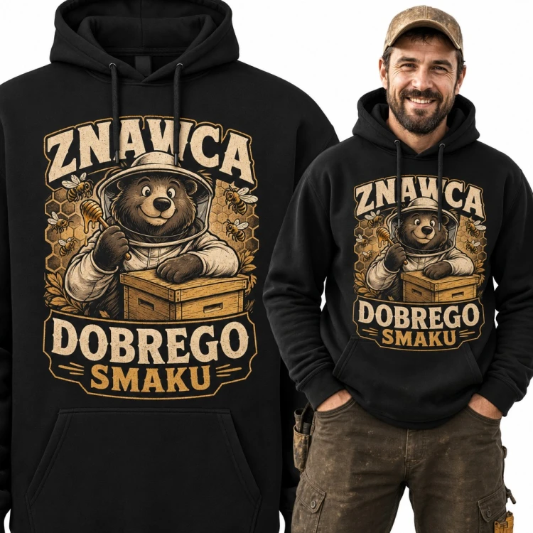 Bluza męska z kapturem - miś pszczelarz przy ulu „Znawca dobrego smaku”