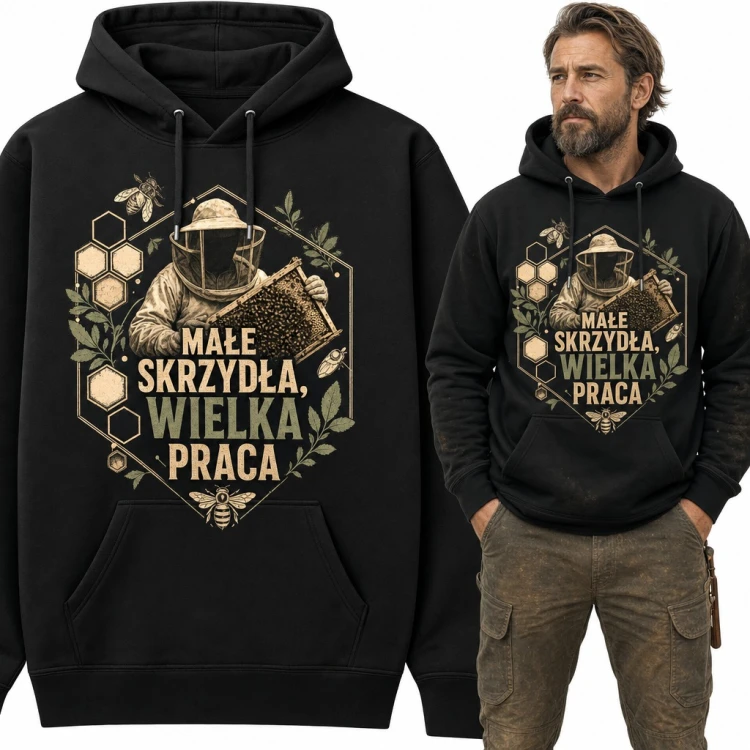 Bluza męska z kapturem - pszczelarz z ramką miodu „Małe skrzydła, wielka praca”