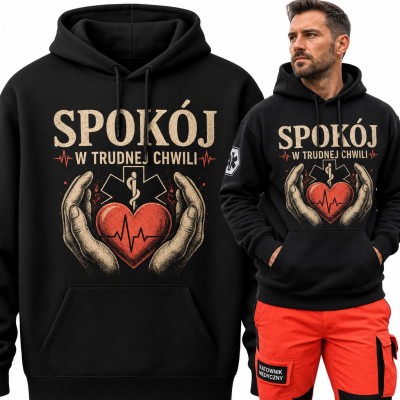 Bluza męska z kapturem - ratownik medyczny „Spokój w trudnej chwili” z sercem EKG
