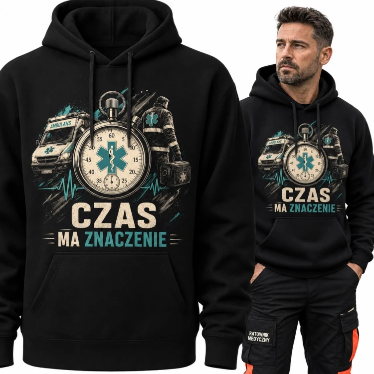 Bluza męska z kapturem - ratownik medyczny i karetka „Czas ma znaczenie”