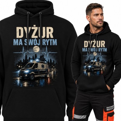 Bluza męska z kapturem - „Dyżur ma swój rytm” karetka i linia EKG dla ratownika medycznego