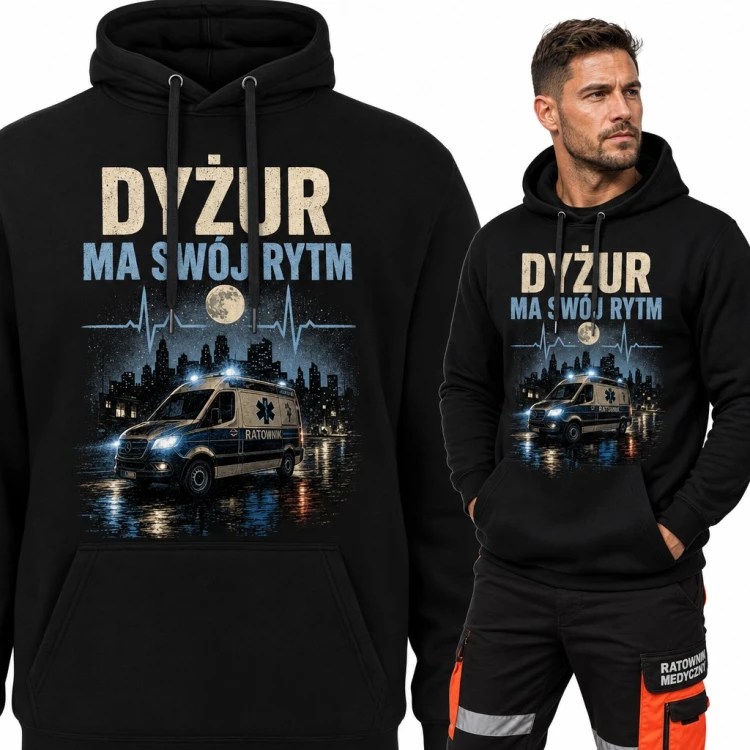 Bluza męska z kapturem - „Dyżur ma swój rytm” karetka i linia EKG dla ratownika medycznego