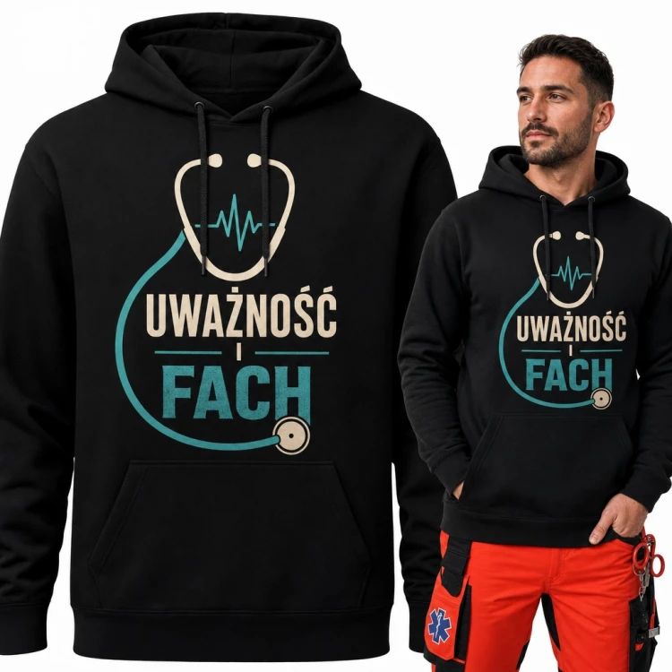 Bluza męska z kapturem - stetoskop z linią EKG i napis „Uważność i fach” dla lekarza