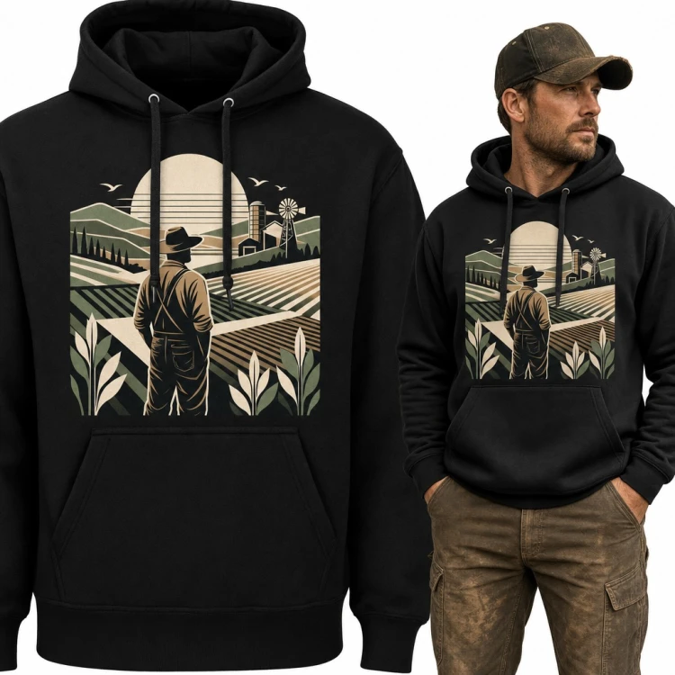 Bluza męska z kapturem - rolnik na polu z farmą i wiatrakiem