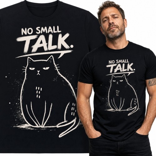 Koszulka męska z naburmuszonym kotem „No Small Talk.”