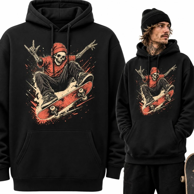 Bluza męska z kapturem - szkielet skater skaczący na deskorolce