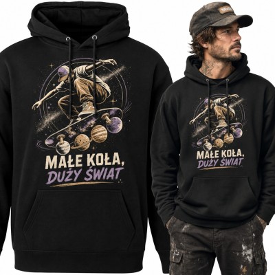 Bluza męska z kapturem - skater na deskorolce z kołami-planetami „Małe koła, duży świat”