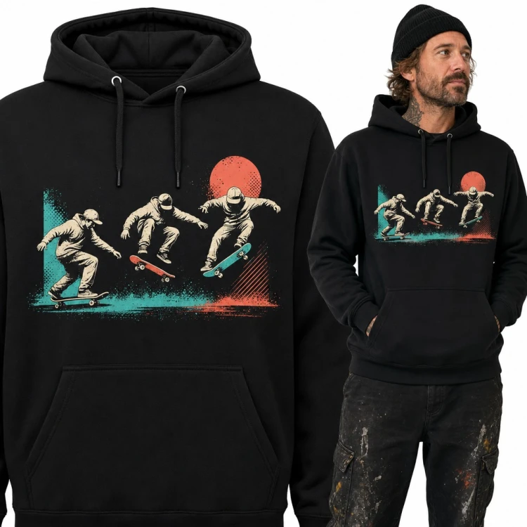 Bluza męska z kapturem - trzech skaterów w triku ollie na tle słońca